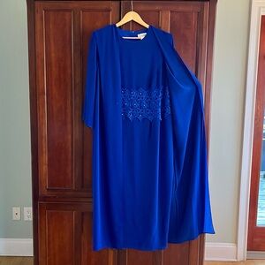 After Dark Vintage Long Sleeve Maxi Cape Dress in Royal Blue with Lace Detail.